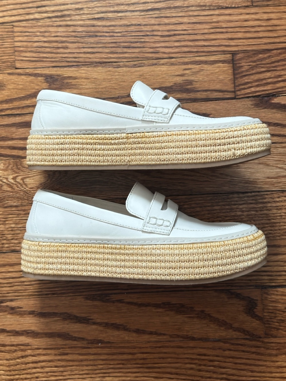 Dolce Vita White Leather Platform Loafers with Natural Raffia Sole